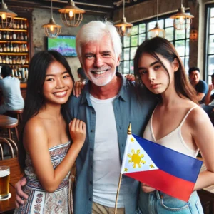 An older white expat man stands in a cozy pub alongside two young women. The young Filipina woman is holding the Philippines flag, wearing a summer dress, and has long black hair. The young Thai woman is holding the Thai flag, dressed casually, and has black hair. The pub setting includes wooden tables and warm lighting, with people socializing in the background."