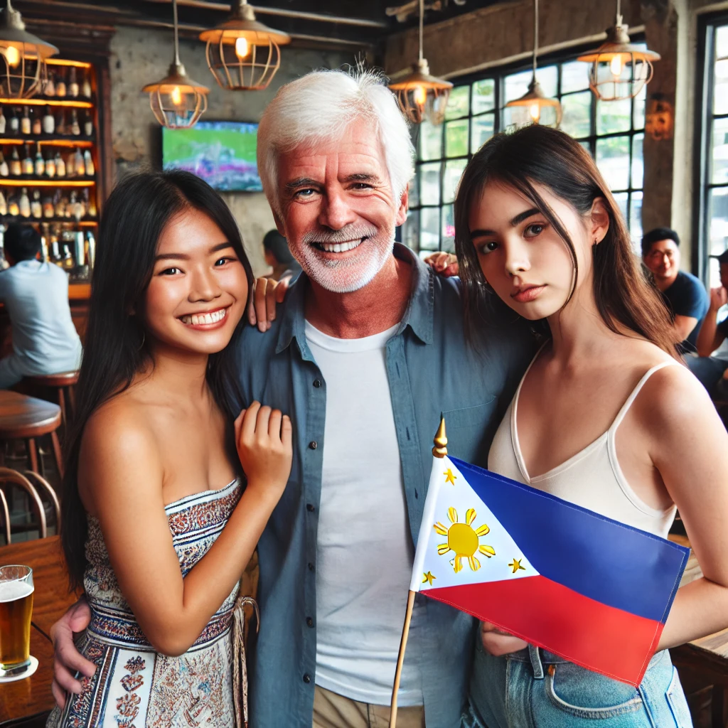 An older white expat man stands in a cozy pub alongside two young women. The young Filipina woman is holding the Philippines flag, wearing a summer dress, and has long black hair. The young Thai woman is holding the Thai flag, dressed casually, and has black hair. The pub setting includes wooden tables and warm lighting, with people socializing in the background."