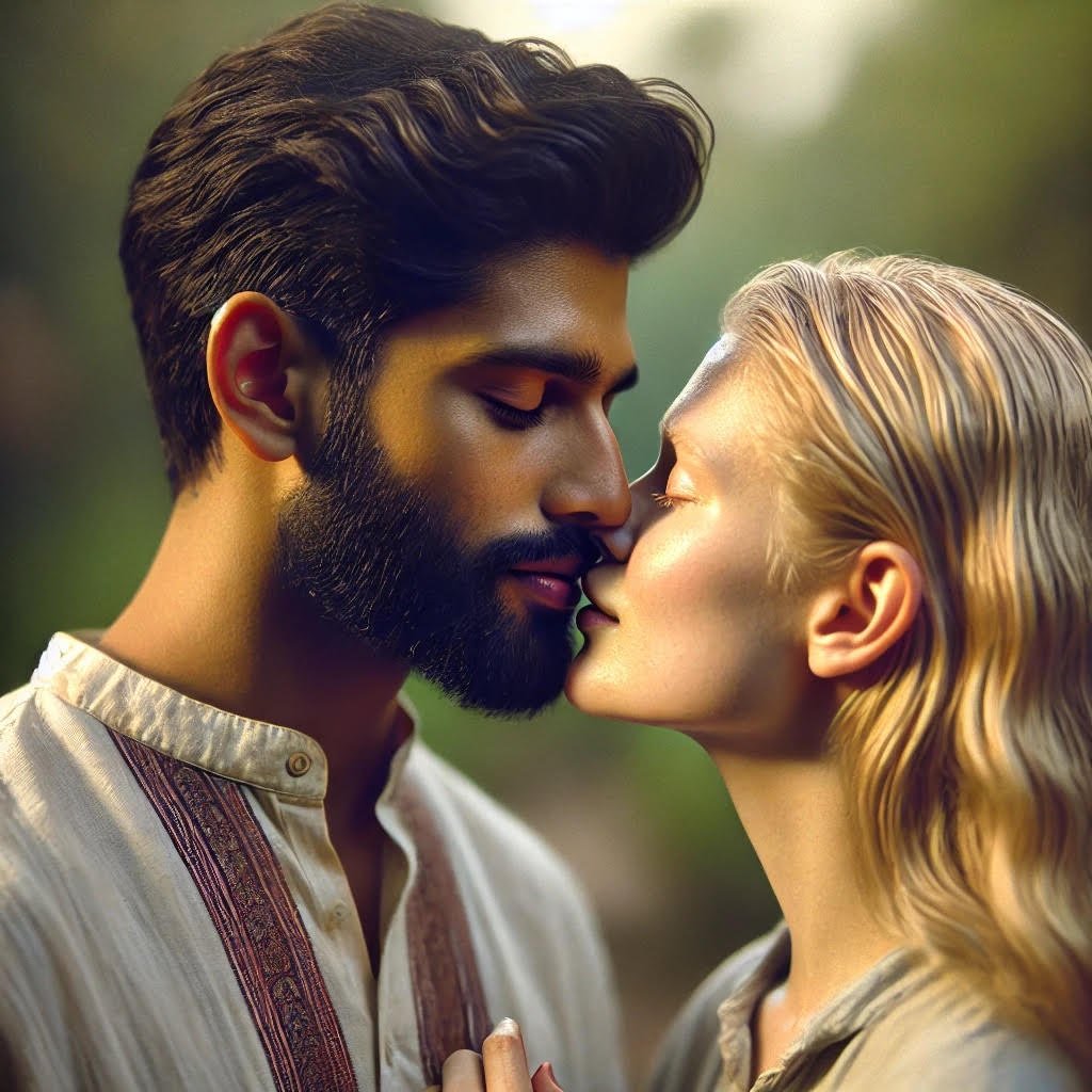 an indian man and woman kissing