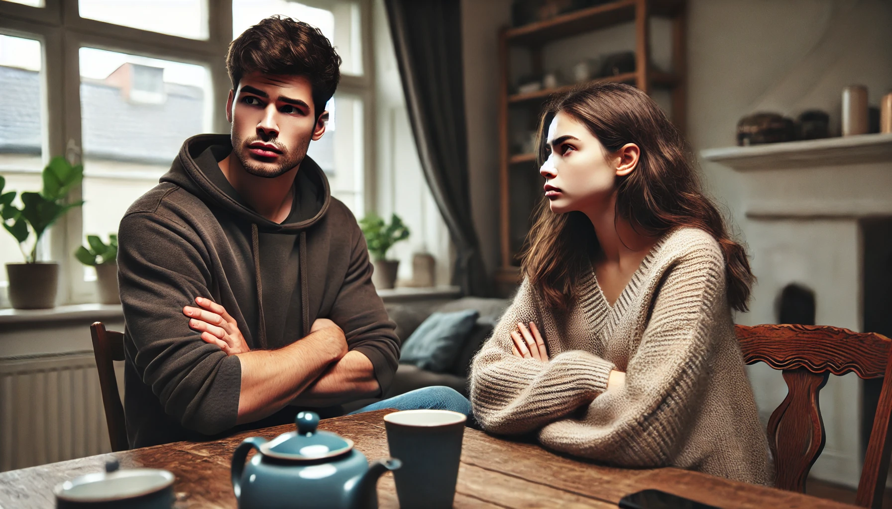 man and woman disagreeing at table 